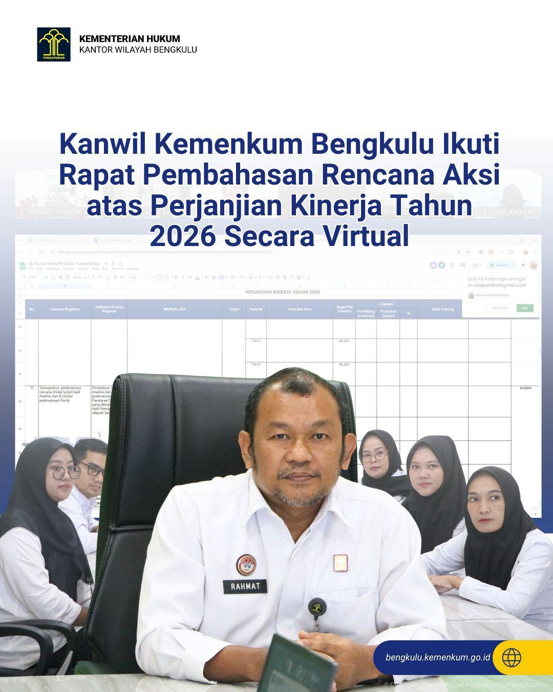 Kanwil Kemenkum Bengkulu Ikuti Rapat Pembahasan Rencana Aksi atas Perjanjian Kinerja Tahun 2026 Secara Virtual