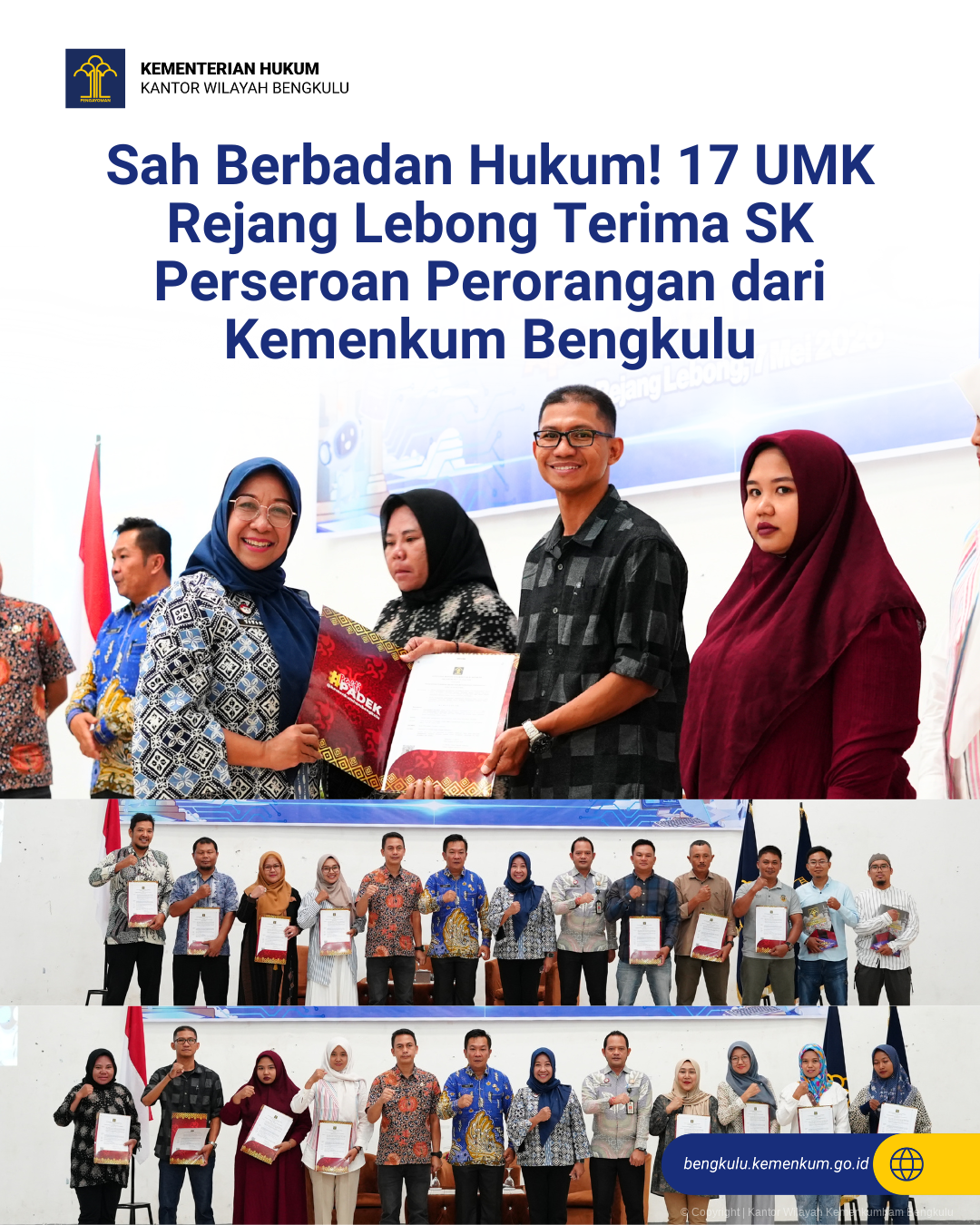 Sah Berbadan Hukum! 17 UMK Rejang Lebong Terima SK Perseroan Perorangan dari Kemenkum Bengkulu